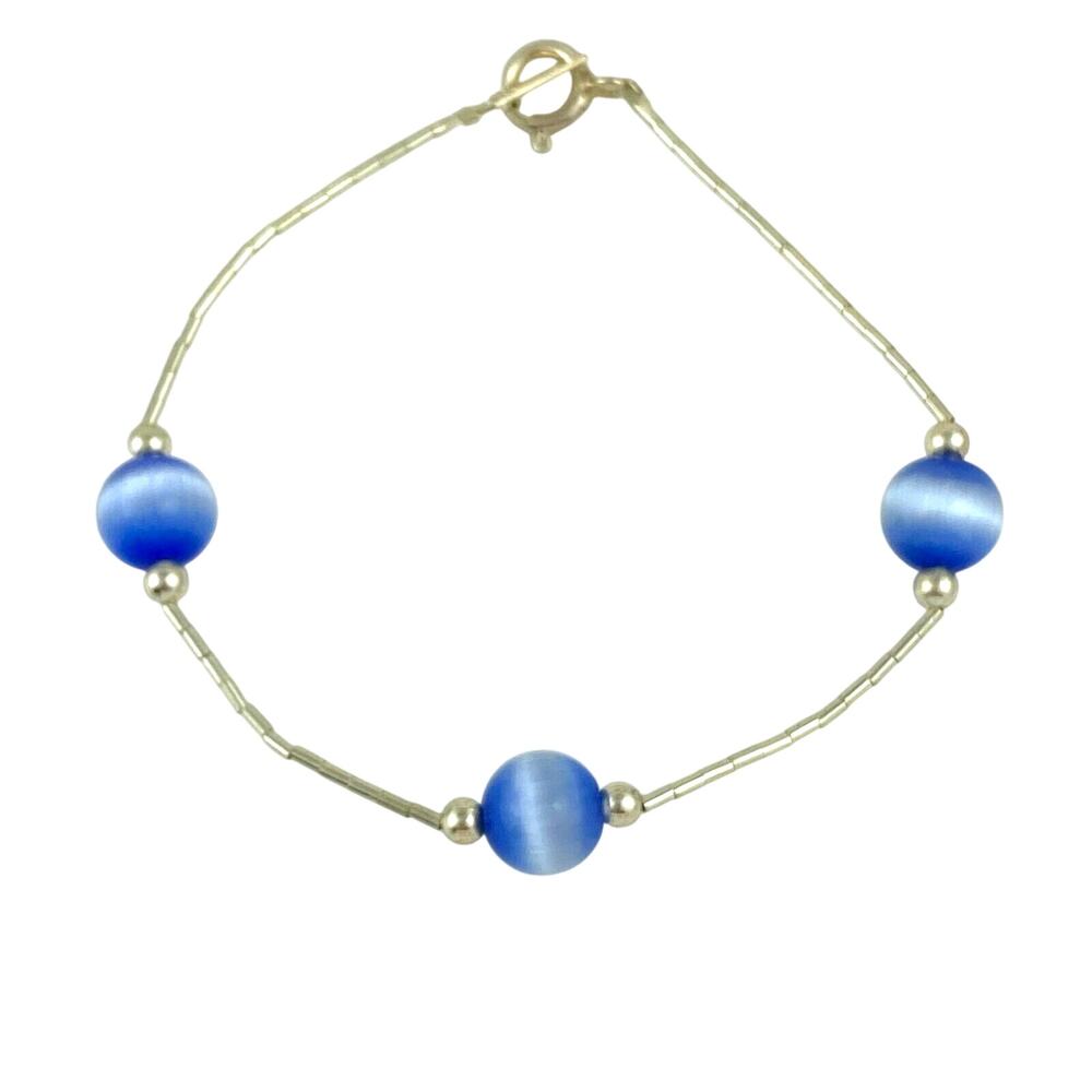 Blue Cat's Eye Glass Bead Bracelet | Sterling Silver 925 | 7"